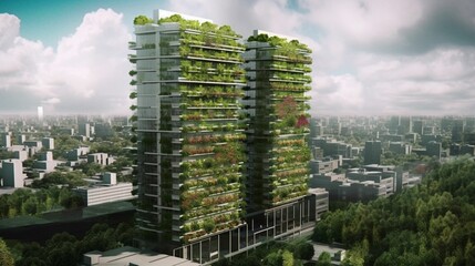 Obraz premium AI generated illustration of a multi-storied green building surrounded by lush