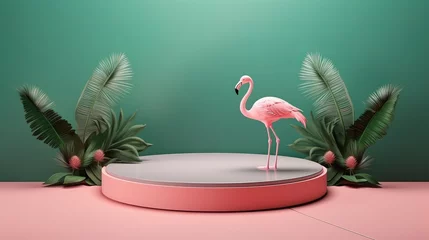  Summer 3D podium background flamingo pink product pedestal party scene display beach. Podium platform 3D palm summer vacation backdrop pastel isolated spring studio stand flower template holiday. © Максим Зайков