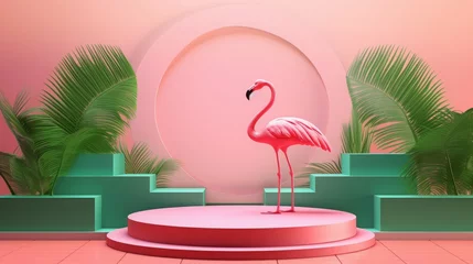 Gardinen Summer 3D podium background flamingo pink product pedestal party scene display beach. Podium platform 3D palm summer vacation backdrop pastel isolated spring studio stand flower template holiday. © Максим Зайков