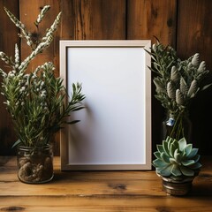 White picture frame hangs with a neat arrangement of flowers, AI-generated.