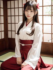 室内に座っている巫女装束の若い女性