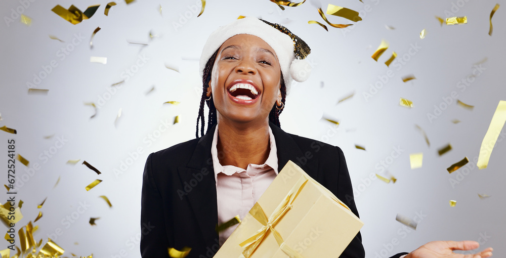 Poster Portrait, confetti and business with black woman, present and celebration on a white studio background. Face, African person and employee with a gift, winning and hat with giveaway and achievement