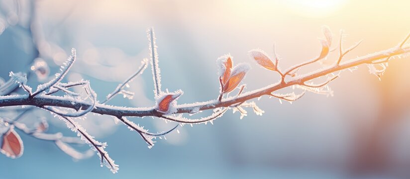 Vintage tones highlight the branch covered in hoarfrost on a cold winter morning against the backdrop of snow under the sunrise