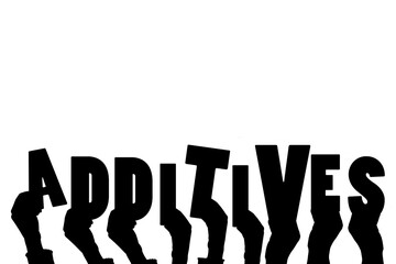 Digital png illustration of hands with additives text on transparent background
