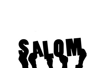 Digital png illustration of hands with salom text on transparent background