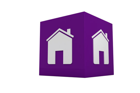 Digital png illustration of purple cube with house symbol on transparent background