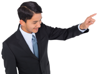 Digital png photo of happy biracial businessman pointing on transparent background