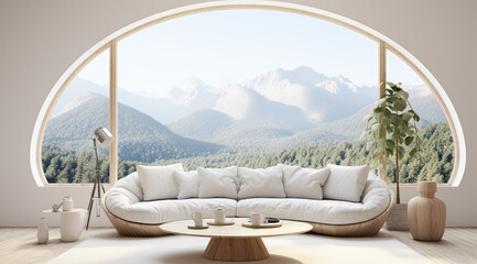 Living room with minimalist style and view overlooking nature - obrazy, fototapety, plakaty