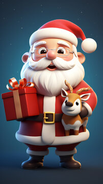  cute santa claus and gift box 3d rendering style, merry christmas background