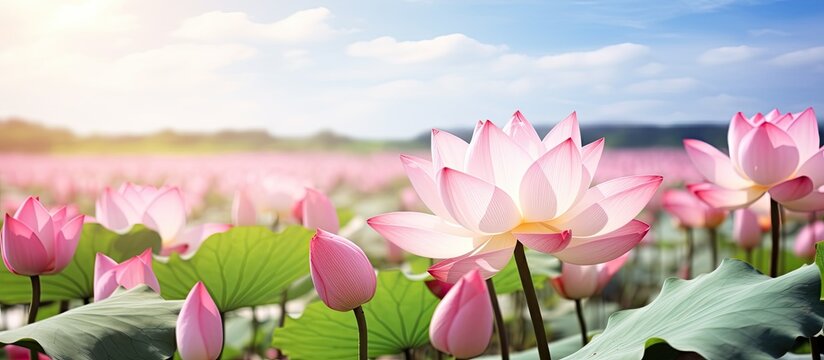 Pink Lotus Nelumbo nucifera Gaertn blossoms in the lake its vibrant pink white petals contrast beautifully against the lush green surroundings