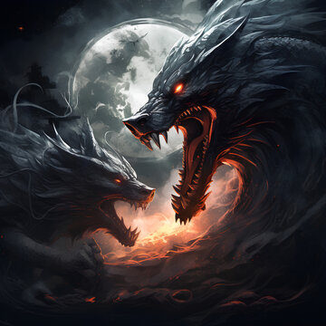 An angry dragon fight a wolf on full moon