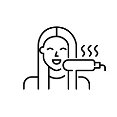 Girl heat straightening her long hair. Pixel perfect, editable stroke icon
