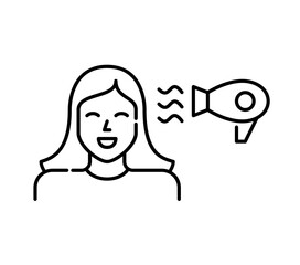 Woman blow-drying her hair with a hairdryer. Pixel perfect, editable stroke icon