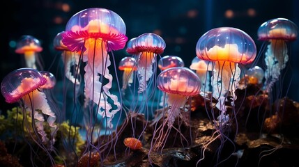 AI generated illustration of glowing jellyfish in a group