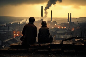 Two young males looking at the industrial cityscape. Ai generated
