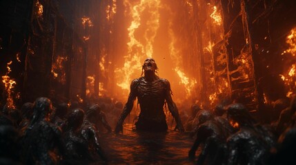 Group of zombies walking through a dark forest engulfed in flames, AI-generated.