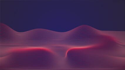 Abstract 3D pink dynamic wave of particles on dark purple background futuristic