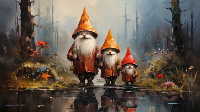 Family of gnomes in an oil painting, set against an autumn forest backdrop.