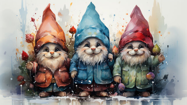 Colorful watercolor painting of cheerful gnomes in a row.
