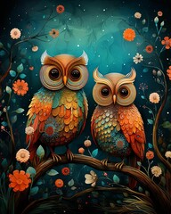 Obraz premium AI generated illustration of two owls perched on a tree branch in intricate patterns