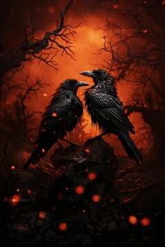AI generated illustration of two black crows perched on a branch on a red background