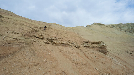 Colorful high mountains and a canyon made of clay. A large gorge with different rocks and different colors. Red, orange, white and yellow flowers of the walls of the rocks. A tourist walks. Aktau