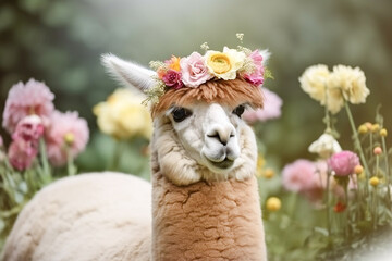 Portrait of a cute lama with flowers, a wreath of flowers. Greeting card with wild animals.