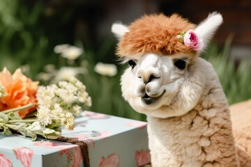 Portrait of a cute lama with flowers, a wreath of flowers. Greeting card with wild animals.