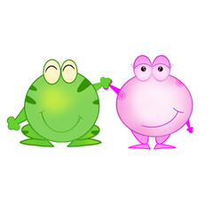 Cartoon illustration of pink and green couple frogs holding hands happily