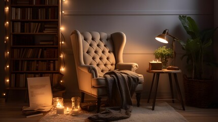 AI generated illustration of An armchair situated in a dark room - obrazy, fototapety, plakaty