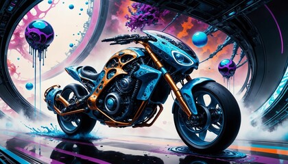 AI generated illustration of a high-tech, modern motorcycle in a vibrant environment