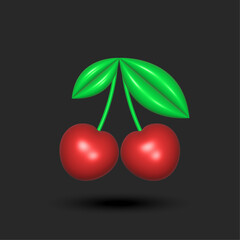 Cherry branch with two berries on black background, red cherries with green leaves cartoon bright 3d vector graphics.