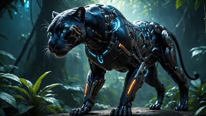 AI generated illustration of a vibrant robotic black panther with glowing details