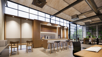 Interior Empty Modern Loft Office open space modern office footage.Modern open concept Lobby and reception area meeting room design.4k .Rendering 3d.