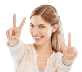 Woman with peace sign, smile on face and isolated on transparent png background with fun emoji. Happiness, vote and student girl with v hand gesture in agreement, yes and positive opinion in portrait