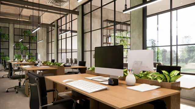 Interior Empty Modern Loft Office open space modern office footage.Modern open concept Lobby and reception area meeting room design.4k .Rendering 3d.