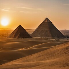 Fototapeta na wymiar AI-generated illustration of A breathtaking view of two majestic ancient pyramids silhouetted