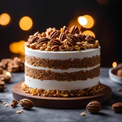 a cake with icing, nuts and pecans on top - obrazy, fototapety, plakaty