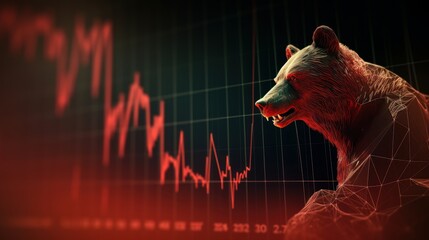 Bear bearish divergence in stock market and crypto currency trading, Bear with red graph background