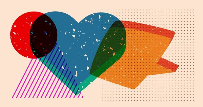 Risograph heart with speech bubble and geometric shapes animation. Moving object in trendy riso graph design video.