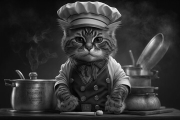 Abstract illustration of a black and white chef cat wearing a culinary hat