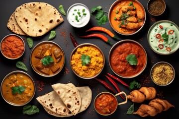 Variety of Indian curry dishes including paneer butter masala, dal kharcho, aloo paratha, sabzi, khaman dhokla, bhajji, gathiya, tikka masala, chutney, dahi vada, farsan