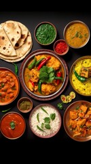 Group of Indian food includes Chicken tikka masala, Dal Makhani, Palak Paneer, Dal Makhana, Aloo Paneer, Kachori, Dal Makhana, Palak Paneer, Palak Paneer, Alu Paneer