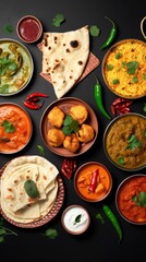 Group of Assorted Indian food including Chicken tikka masala, Dal Makhani, Palak Paneer, Pakora, Aloo Roti, Kachori, Aloo Roti, Dal Makhana, etc.