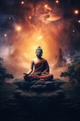 buddha statue meditation in galaxy stars cosmic universe, Harmony of soul and body, chakra, spirituality.