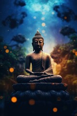 Obraz premium buddha statue meditation in galaxy stars cosmic universe, Harmony of soul and body, chakra, spirituality.