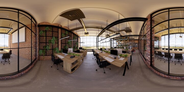 3d illustration spherical 360 vr degrees, a seamless panorama of the room and office. interior design 3D rendering.reception in a modern panoramic office