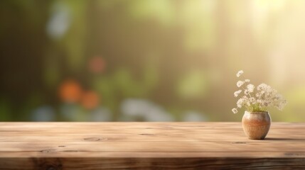 Wooden table with flower vase on bokeh background.