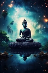 buddha statue meditation in galaxy stars cosmic universe, Harmony of soul and body, chakra, spirituality.