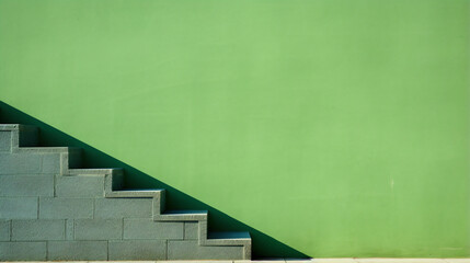a green wall with a set of stairs